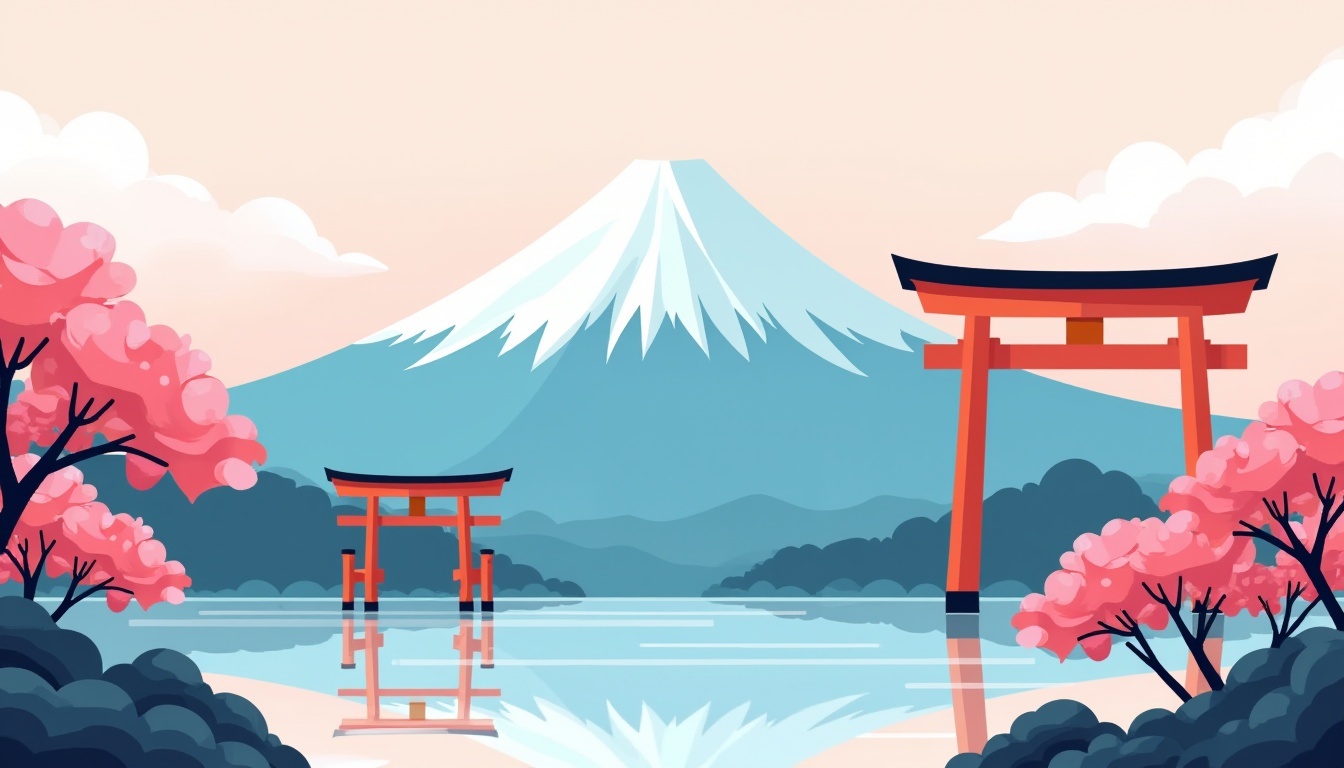 Japan scene with cherry blossoms and Mt. Fuji